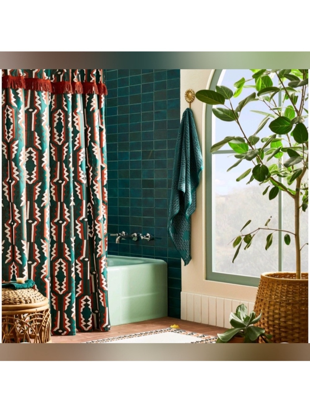 Opalhouse Jungalow Green and Rust Geometric Shower Curtain 72” x 72”